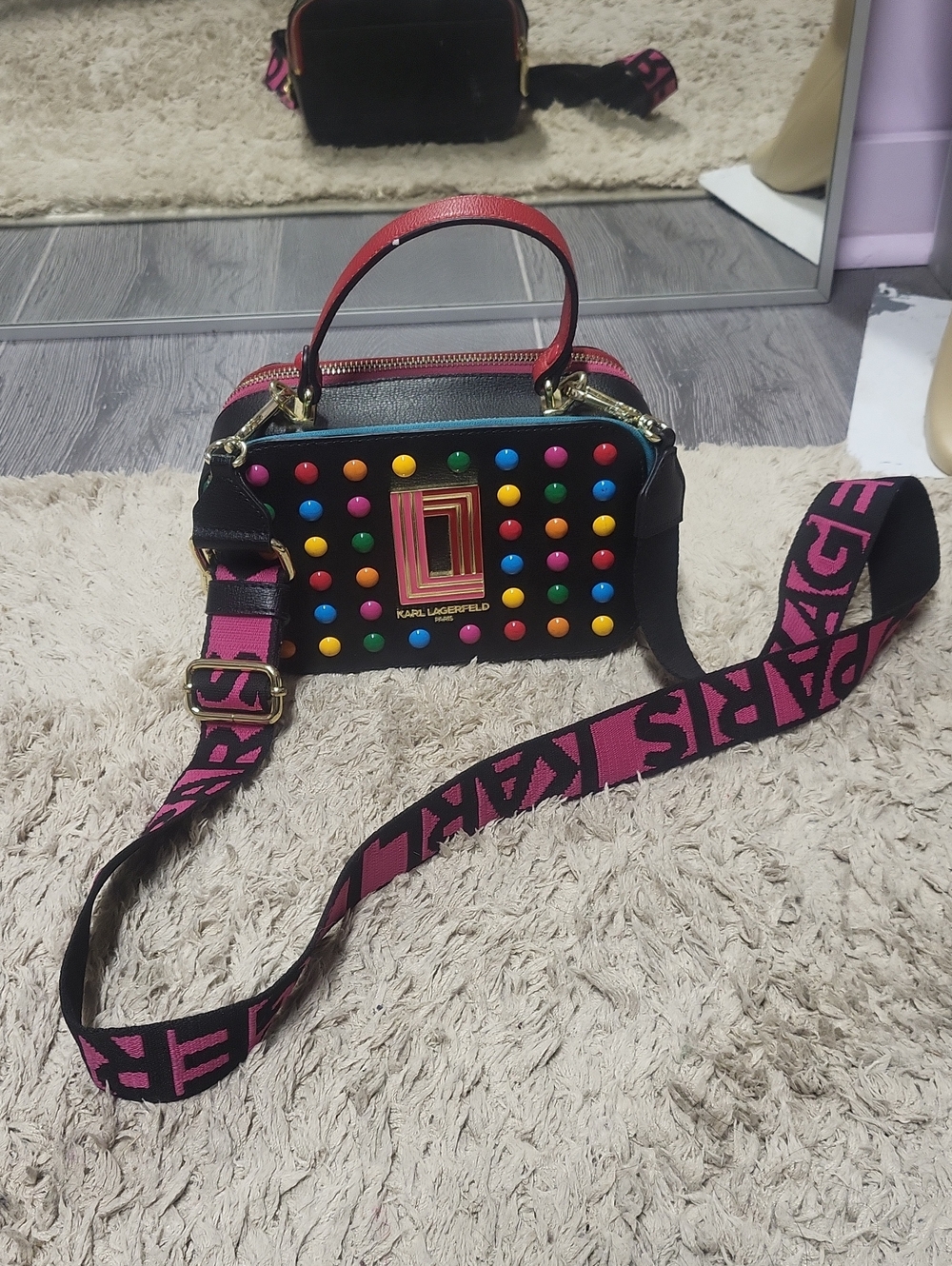 Karl Lagerfeld Black Mini Crossbody with Multicolor Studs and Pink Strap